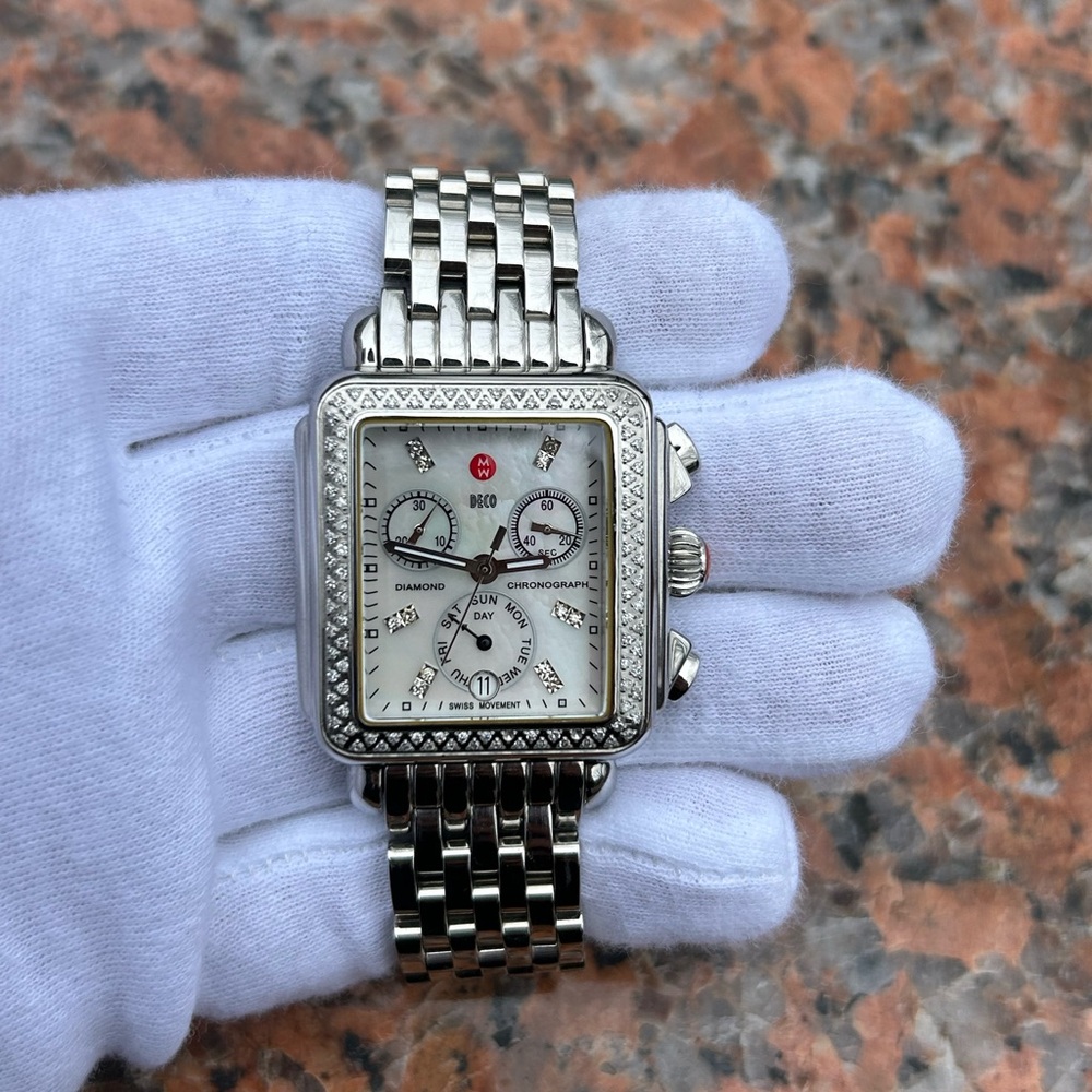 MICHELE DECO MOP DIAMOND DIAL AND BEZEL CHRONOGRAPH LADIES WATCH - Picture 15 of 15